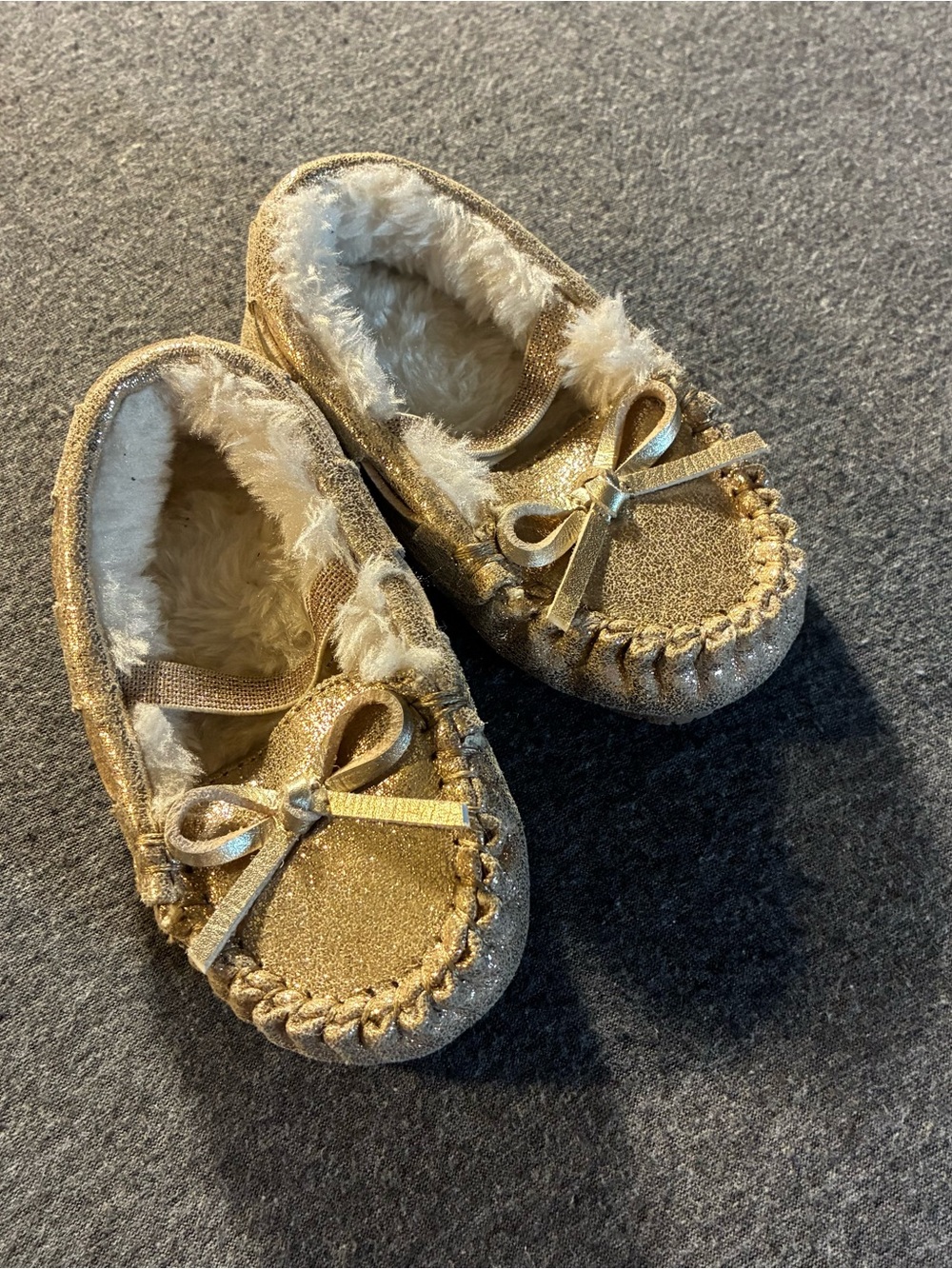 Kids Gold Glitter Faux-Fur Lined Moccasin Slippers